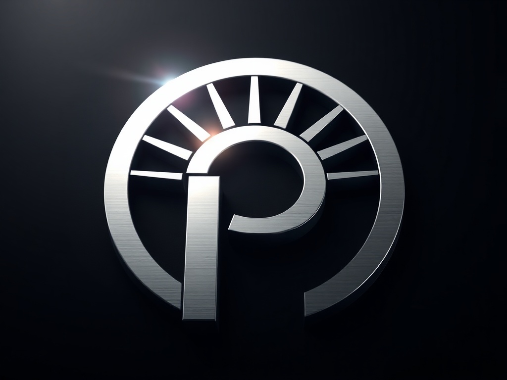 A clean metallic logo mark: letter 'P' integrated with a rising sun shape, minimalist, polished chrome texture. Photorealistic, 8K, commercial photography style. On dark background with subtle glow.